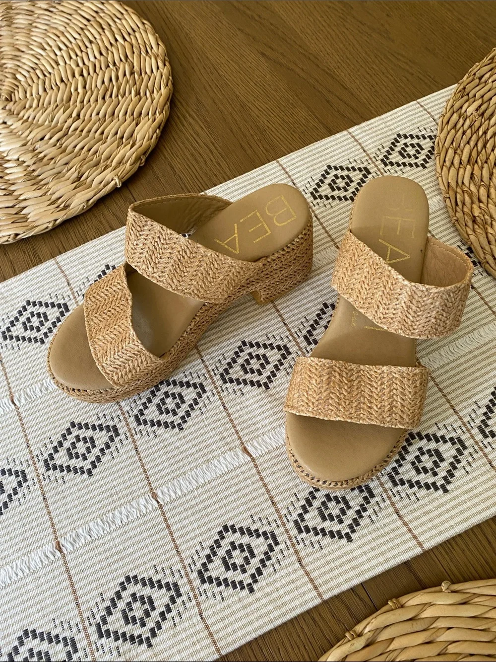 BEA Woven Tan Platform Slide Sandals